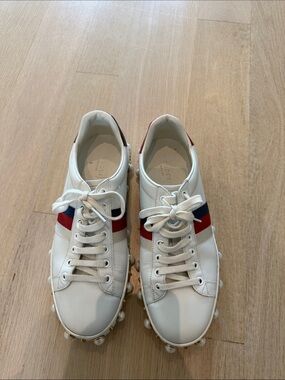 Gucci White Leather Sneakers with Red & Blue Web Stripe
